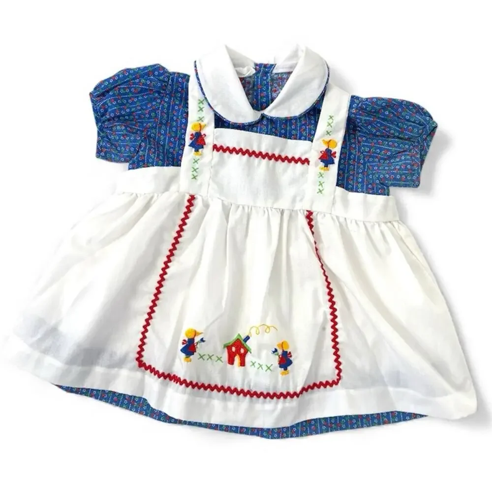 VTG Mayfair Apron Dress Set Size 12 Mo Blue Floral Cottagecore Prairie Photos